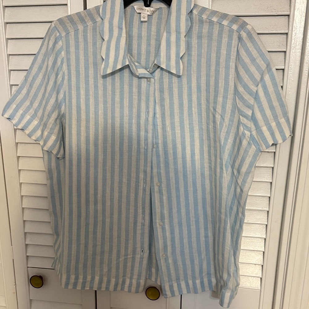 Crown & Ivy Blue and White Striped Button Down Shirt
